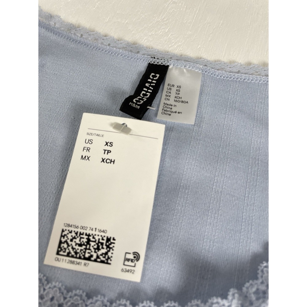 NEW H&M‎ Divided LACE-TRIMMED POINTELLE T-SHIRT Light Baby Blue Women's XS - Picture 3 of 13
